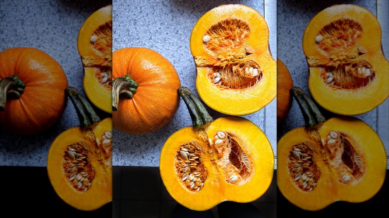 Pie pumpkins in a kitchen ready to be baked