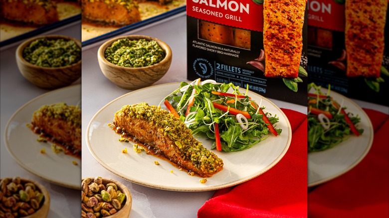Salmon fillet with salad with Morey's salmon pack in background