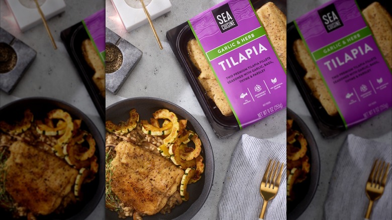 SeaCuisine tilapia cooked and in package, side by side