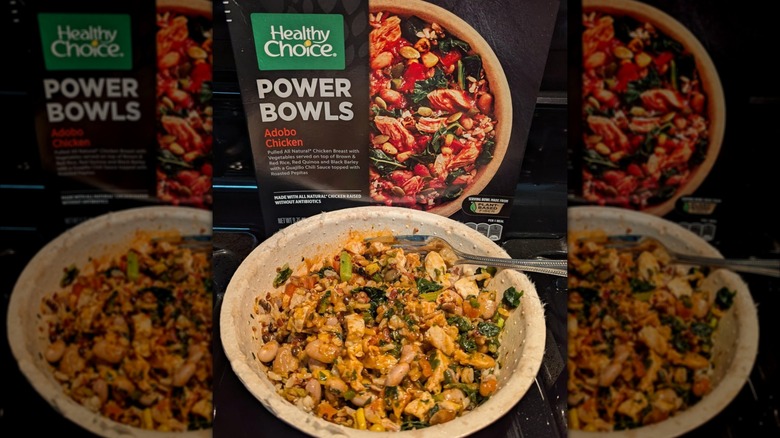 Healthy Choice Power Bowls Frozen Adobo Chicken prepared in bowl with the box behind it
