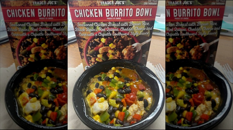 Trader Joe's Chicken Burrito Bowl package and prepared meal