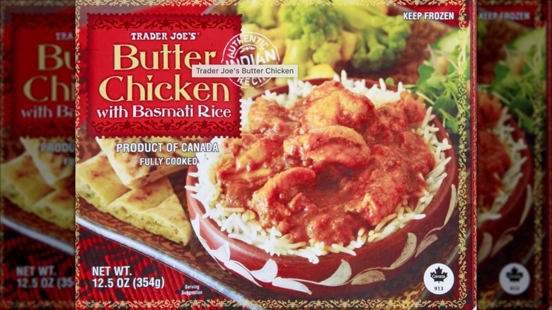 A box of Trader Joe's Butter Chicken With Basmati Rice frozen dinner entree