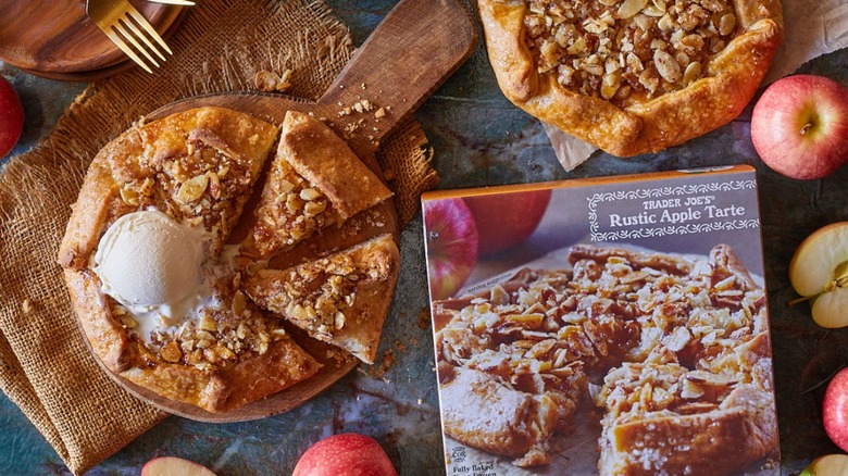 Trader Joe's Rustic Apple Tarte packaging shot overhead next to a prepared tarte topped with ice cream
