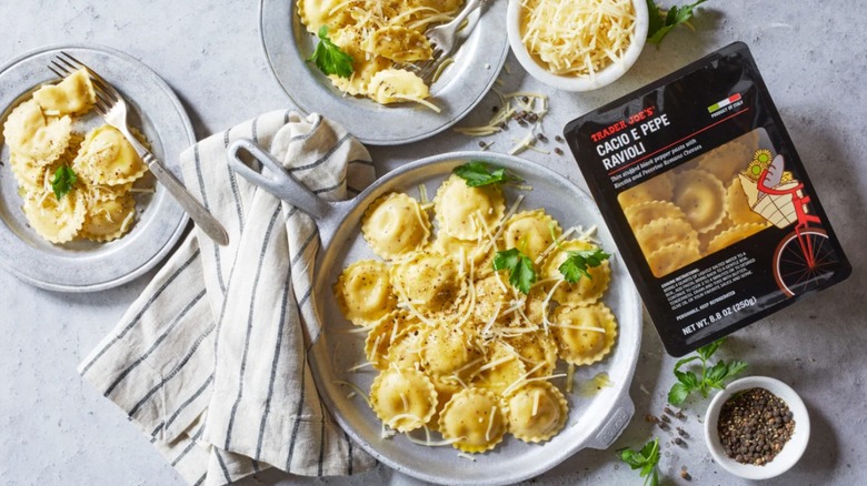 Plate and package of Cacio e Pepe Ravioli from Trader Joe's