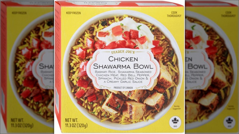 A box featuring the Chicken Shawarma Bowl from Trader Joe's
