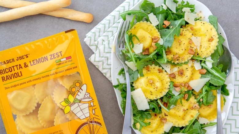 Plate and package of Ricotta & Lemon Zest Ravioli from Trader Joe's