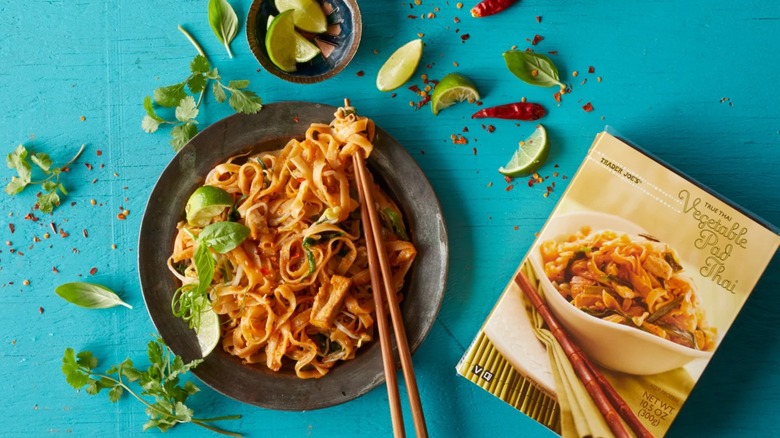 Plate and box of True Thai Vegetable Pad Thai from Trader Joe's