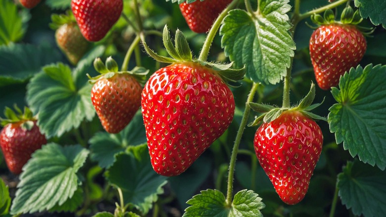 Fresh ripe strawberries hanging on vines in a sunny garden
