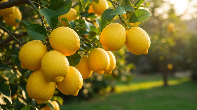 Lemon tree laden with ripe yellow lemons and green leaves under a bright sky