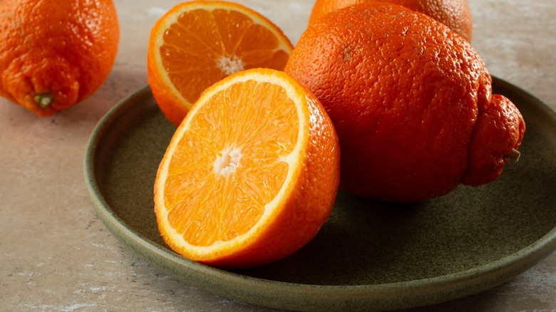 A plate of minneola tangelos, one sliced in half