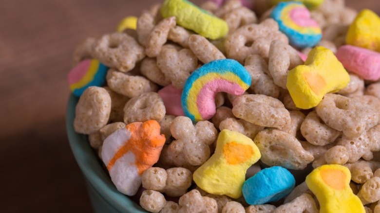 A close up of a bowl of Lucky Charms.