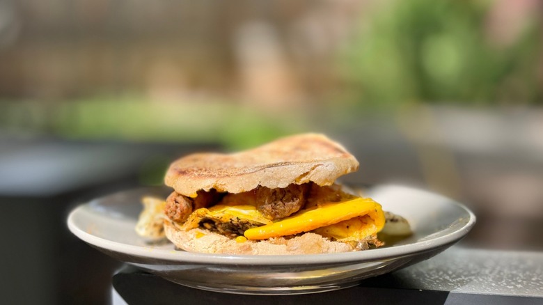 Breakfast Sandwich on Toasted English Muffin on a plate