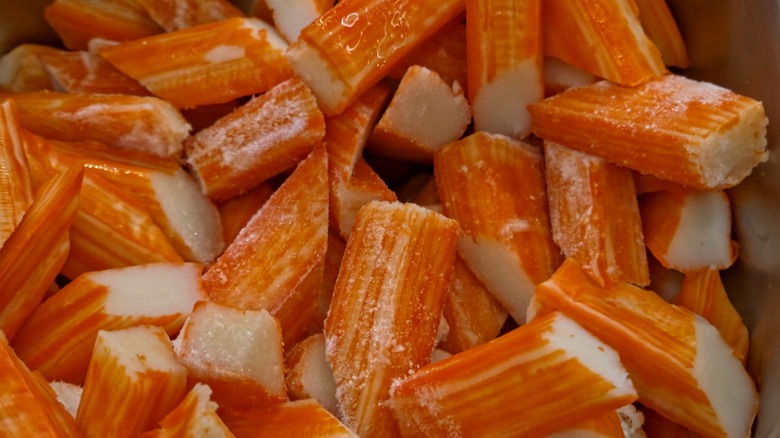 Close-up View of Chilled Imitation Crab Meat Sticks