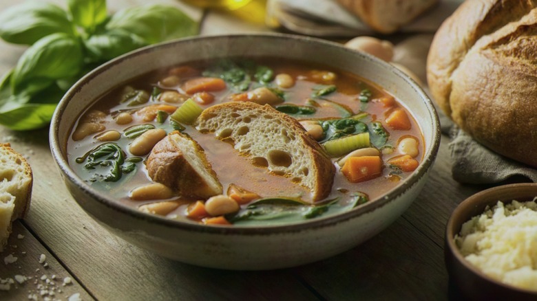 bowl of soup with spinach, carrots, celery, carrots, cannellini beans, and bread. surrounded with loaves of bread, cheese, and herbs