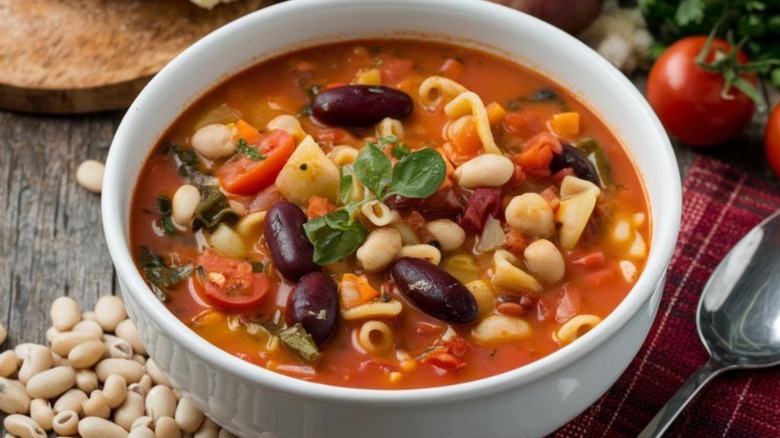 bowl of soup with reddish broth, kidney and cannellini beans, pasta, tomatoes, carrots, and other vegetables