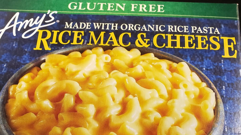 A closeup photo of a box of Amy's rice mac & cheese.