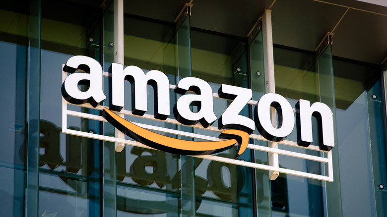A closeup of the white font amazon logo