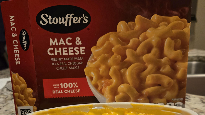 A box from Stouffer's Mac & Cheese stands on its side on a counter