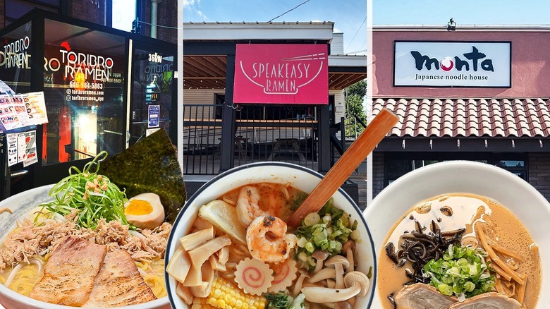 A collage of three of the best ramen shops with bowls of ramen in the forefront