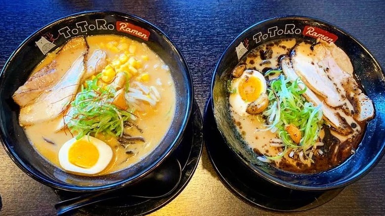 Two bowls of ramen in Totoro branded bowls