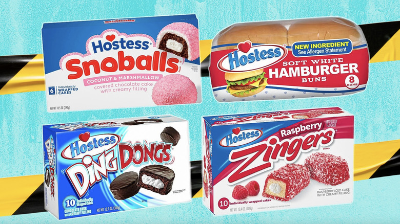 Packages of Hostess Snoballs, Ding Dongs, burger buns, and Raspberry Zingers