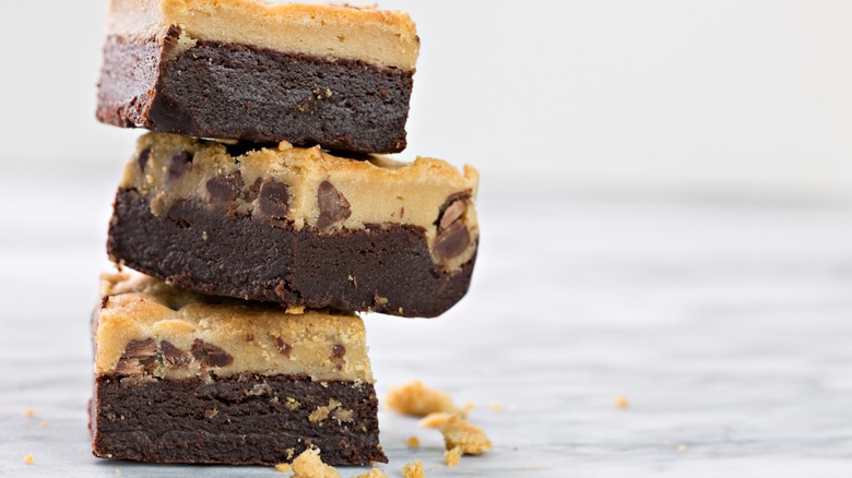 A stack of three chocolate brookies
