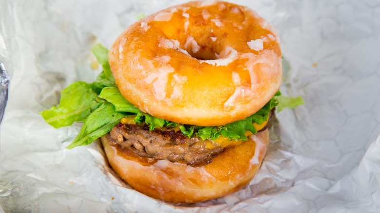 A Luther Burger with glazed doughnuts in place of the bun