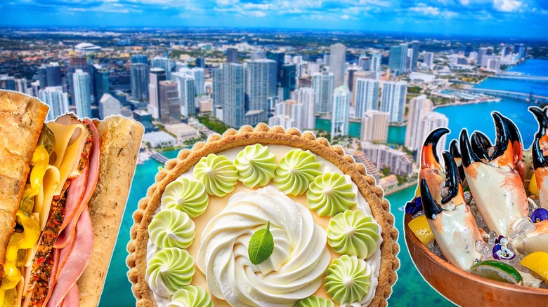 Composite image of sub sandwich, key lime pie, and stone crabs in front of Miami skyline