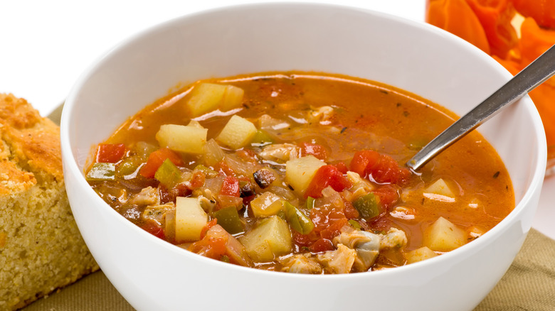 Minorcan clam chowder in a white bowl
