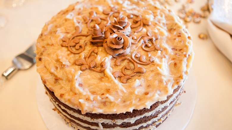 German chocolate cake with rose decorations in frosting
