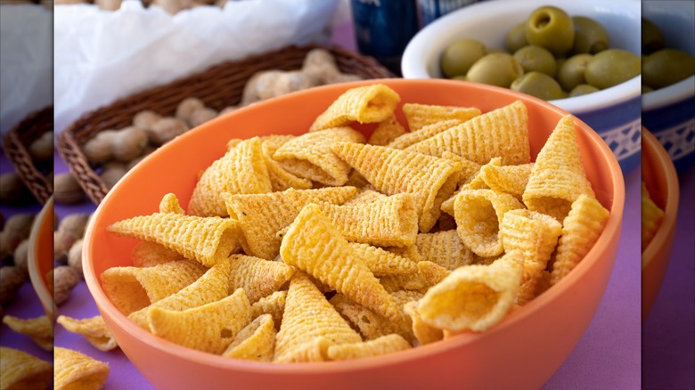 Close up bowl of Bugles snack chips
