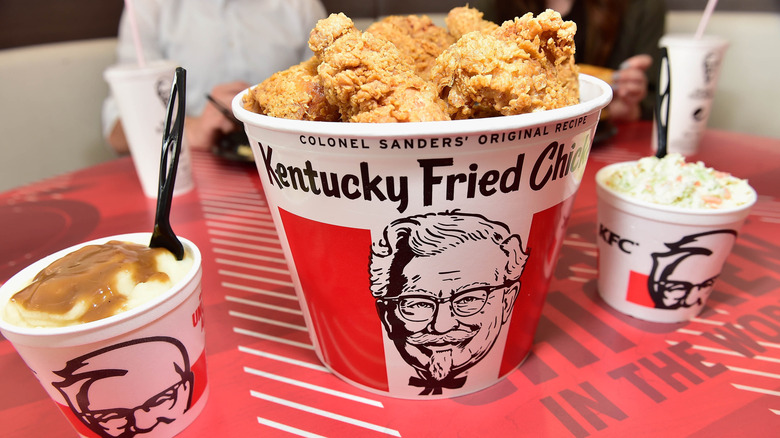 KFC fried chicken with coleslaw, mashed potatoes and gravy