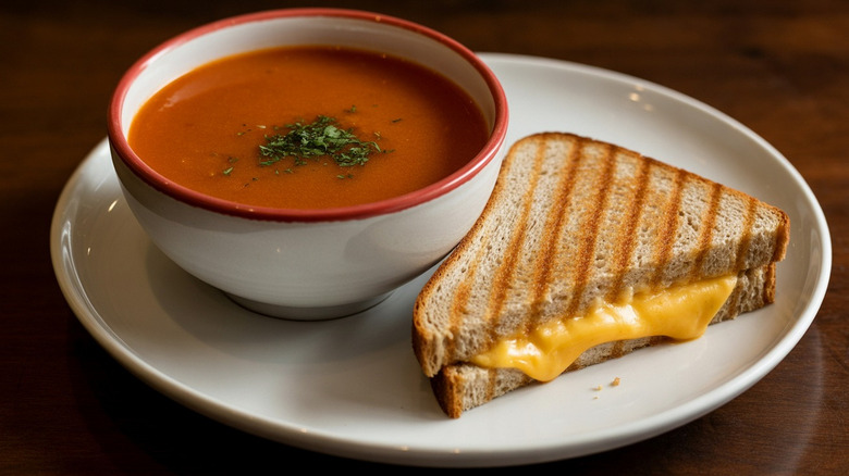 Tomato soup and a grilled cheese, plated and ready to eat