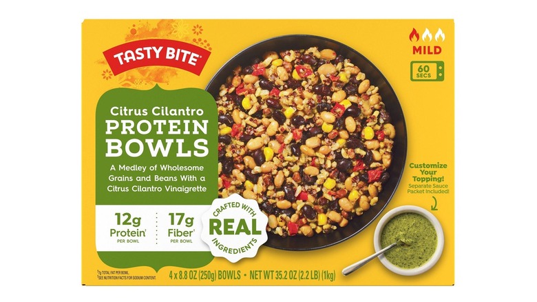 A yellow box of frozen meals titled Tasty Bite Citrus Cilantro Protein Bowls and decorated with an image of one of the bowls