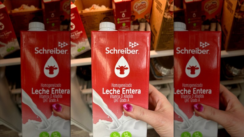 Someone holding a carton of Schreiber milk