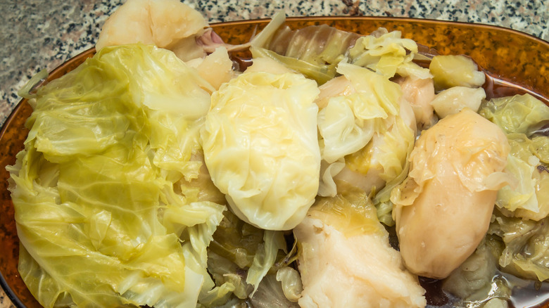 Plate of boiled cabbage and potatoes