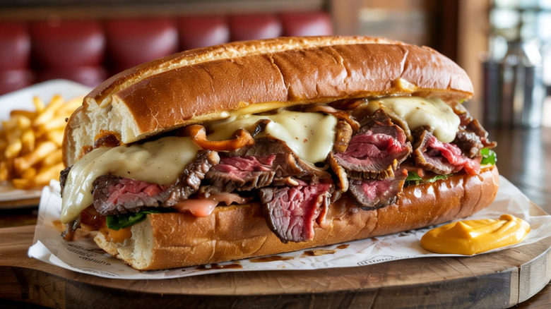 A steak sandwich topped with vegetables and melted cheese in a roll