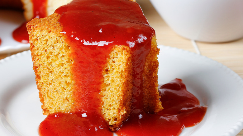 Cornbread covered in sauce