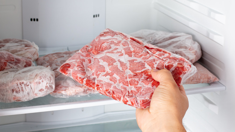 Frozen beef in a freezer