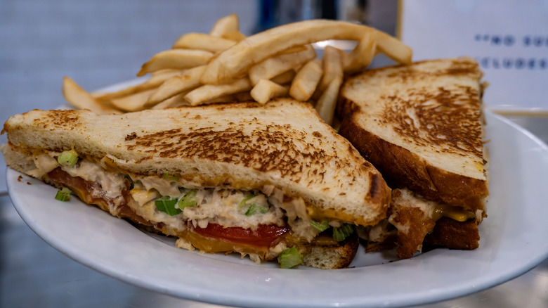 Tuna melt on white plate with french fries