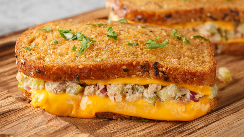 Close up of tuna melt with melting cheese