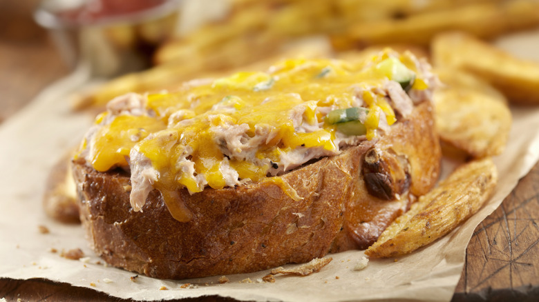 Open-faced tuna melt with fries