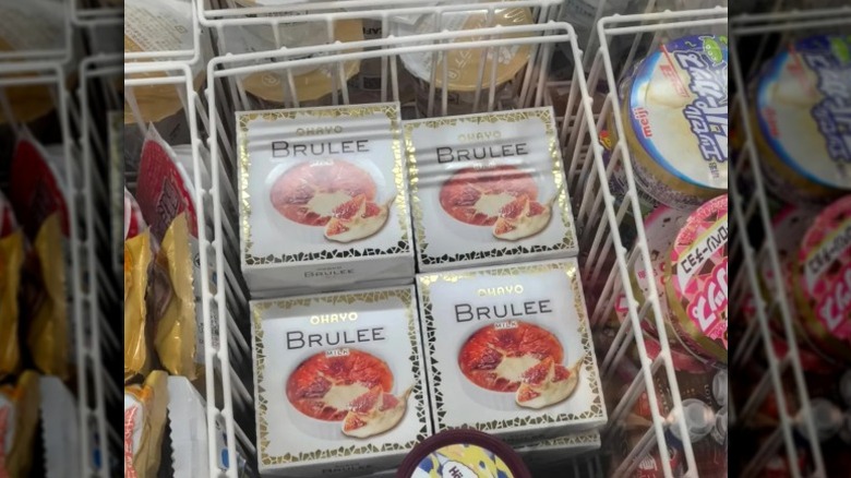 Ohayo Brulee sold in Japanese 7-Eleven sitting in a basket in the freezer.