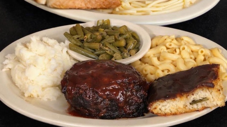 Meat and three serving with green beans, mac and cheese, mashed potatoes and meatloaf from Homeside Restaurant