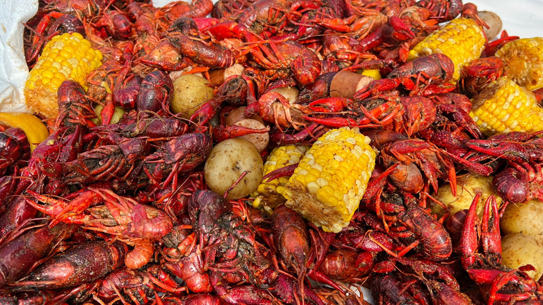 Crawfish boil with corn and potatoes