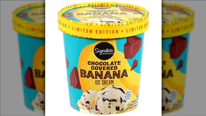A pint of Signature Select Chocolate Covered Banana Ice Cream on a white background.