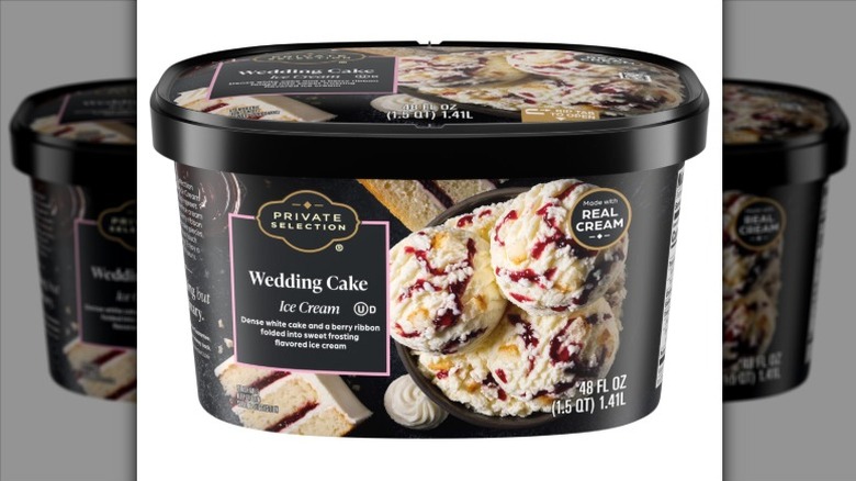 A tub of Private Selection Wedding Cake Ice Cream on a white background.
