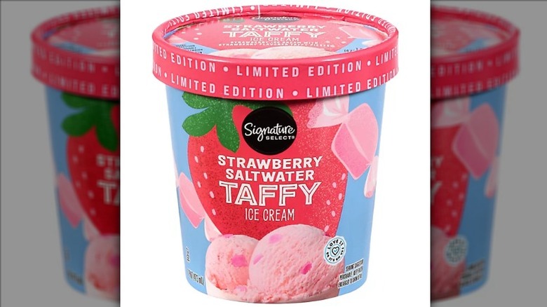 A pint of Signature Select Strawberry Saltwater Taffy Ice Cream on a white background.