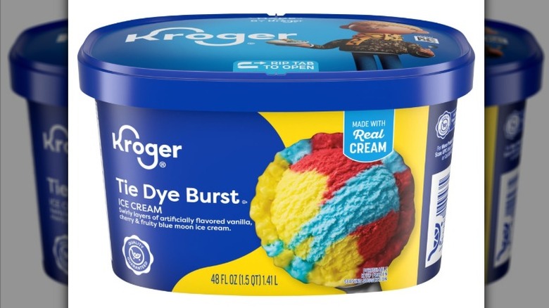 A tub of Kroger Tie Dye Burst Ice Cream on a white background.