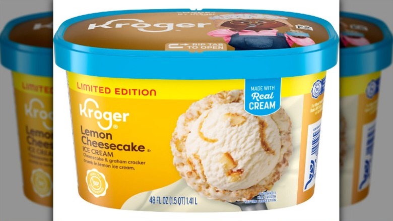 A tub of Kroger Lemon Cheesecake Ice Cream on a white background.